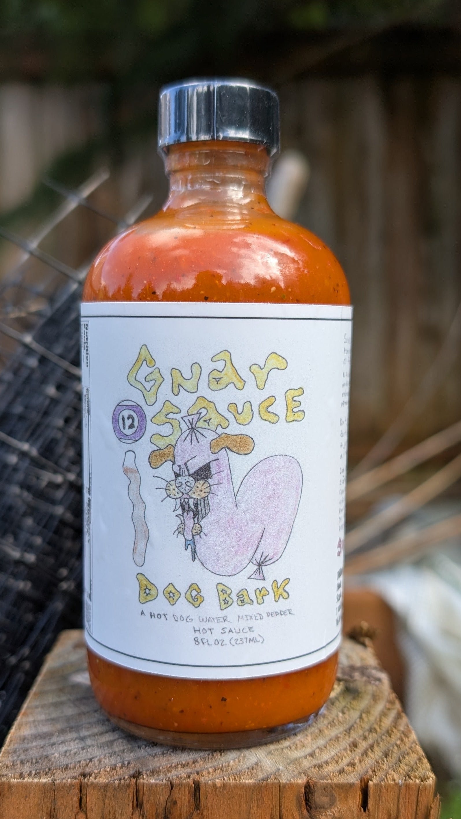 Gnar Sauce Dog Bark Hot Dog flavored Fresno and Ghost Pepper Hot Sauce